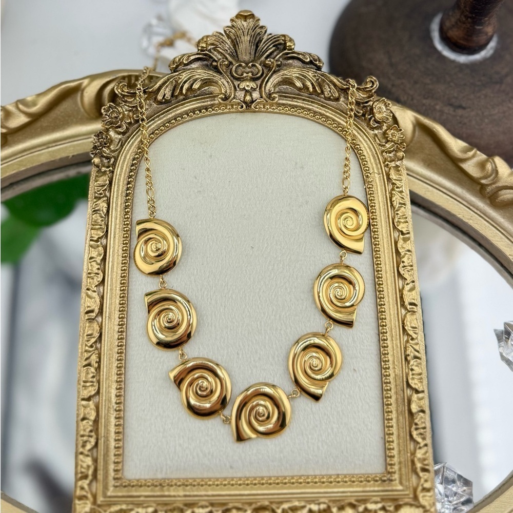 Gold Swirl Statement Necklace – Stainless Steel, Real Gold Plated - Picture 9 of 17